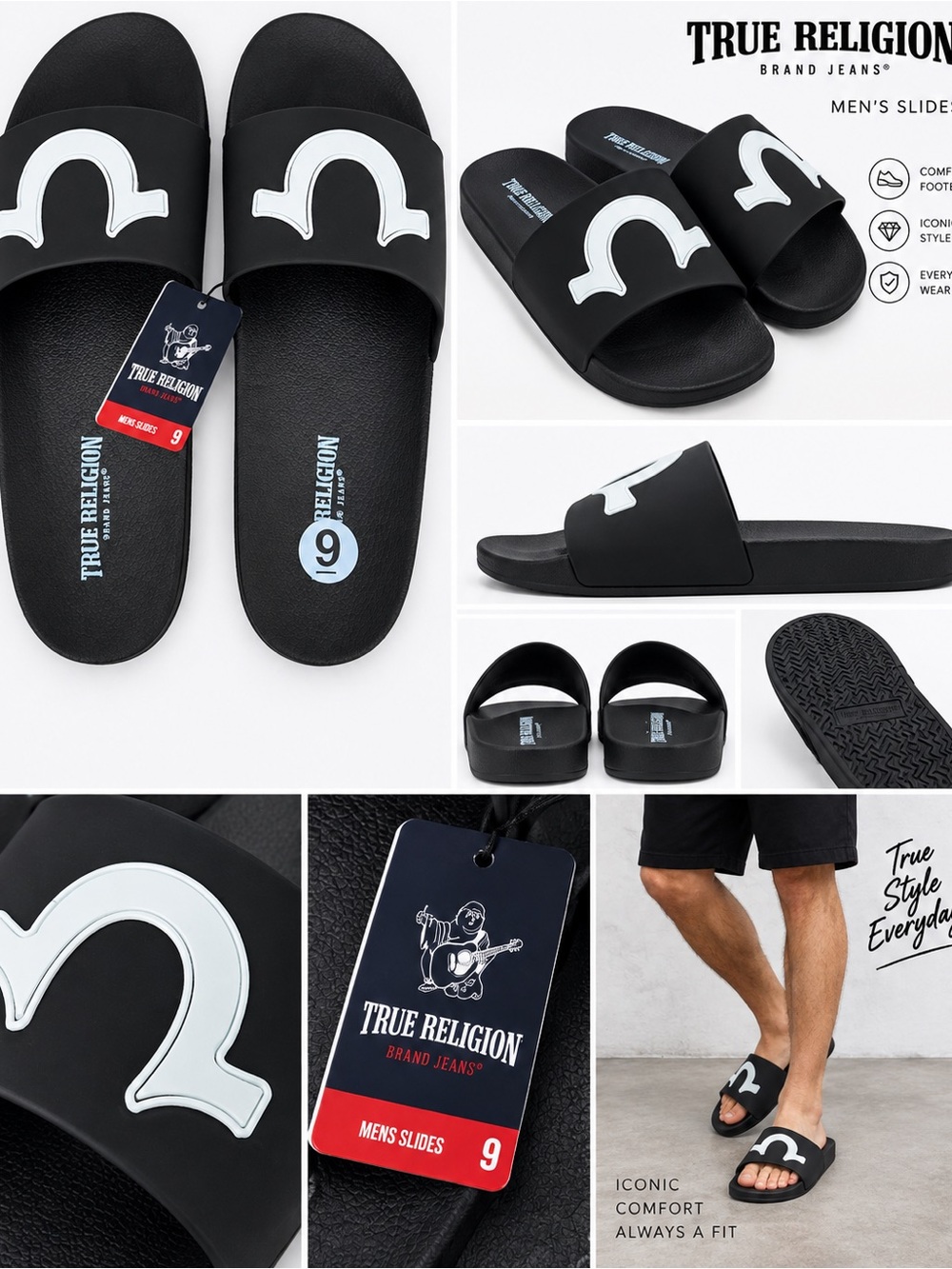True Religion Black Slide Sandals with White Logo Accent